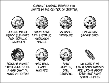 The comic titled "Current Leading Theories for What's in the Center of Jupiter" shows eight illustrations of Jupiter cross-sections, each labeled with a different humorous theory:

- "Diffuse mix of heavy elements and metallic hydrogen" (Shows a messy, cloud-like core)
- "Rocky core with metallic hydrogen mantle" (Depicts a solid rocky center surrounded by layers)
- "Valuable treasure" (Shows a pile of coins and a treasure chest inside)
- "Emergency backup Earth" (Displays a miniature Earth at the center)
- "Regular planet pretending to be a gas giant to avoid attention" (Has a core with a suspicious face and fake gas-giant shell)
- "Hard ball from avocado" (Illustrates a realistic avocado pit-like core)
- "Baby Jupiter, still gestating" (Looks like a smaller version of Jupiter inside a womb-like structure)
- "No core; flat Earth conspiracists are wrong about Earth but right about Jupiter" (Jupiter is shown sliced flat like a disk)

Hidden text: "Juno mission data suggests that Jupiter actually contains Matryoshka doll-style nested copies of every other planet in the Solar System."